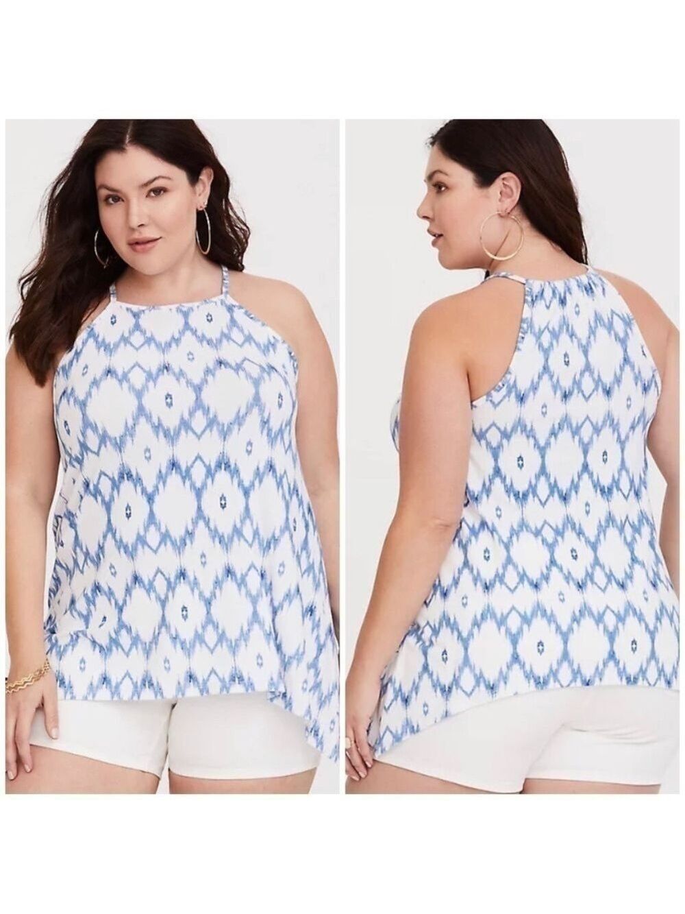 TORRID super soft knits white and blue ikat tank.